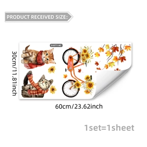 Autumn themed static window clings featuring cartoon cats, bicycles, and maple leaves