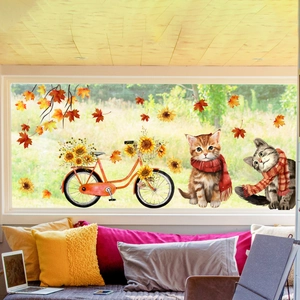 Detailed autumn static window stickers featuring retro bicycle, sunflowers and cute cats