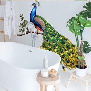 Peacock wall sticker with colorful feathers on tree branch for living room and bathroom decor