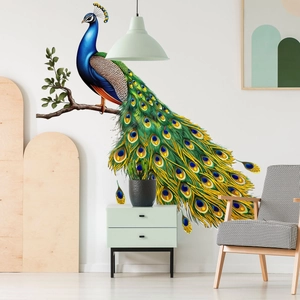 Peacock with vibrant feathers and flower wall sticker for living room home decor