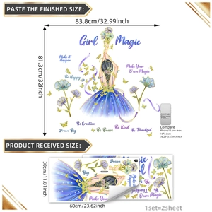 Stickers muraux Girl Magic avec fille en robe étoilée et papillons pour chambre
