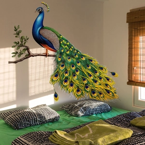 Peacock and floral wall sticker with gold foil accents for living room or bedroom decor