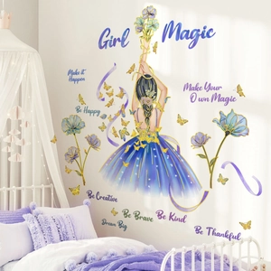 Stickers muraux fille dessin animé avec papillons dorés et citations pour décoration chambre