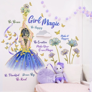 Stickers muraux silhouette de fille et phrases dorées pour déco de chambre d'enfant