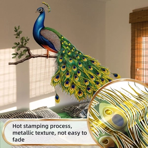 Detail of peacock wall sticker with hot stamping process and metallic texture finish