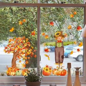 Fall window clings set featuring cute scarecrow, maple tree, and pumpkins for autumn decor