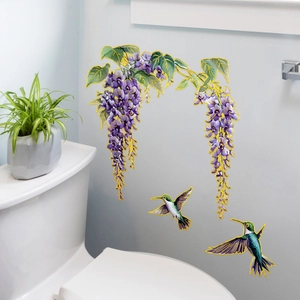 Floral purple wisteria wall decals with colorful hummingbirds for home living room decor
