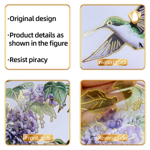 Waterproof floral hummingbird wall decals with gold foil outline and transparent back
