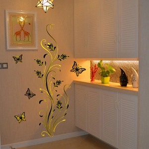 Elegant gold flower vine and butterfly wall decals for living room home decor