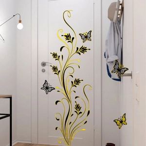 Floral butterfly wall sticker with gold foil vines for modern home door decoration