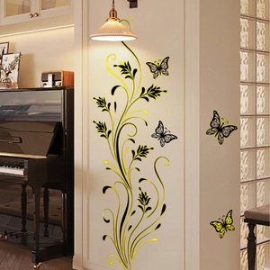3D acrylic mirror wall stickers with golden floral vines and butterflies for home decor