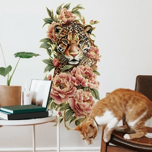 Detailed wall sticker featuring a realistic leopard among pink peonies in a cozy home setting
