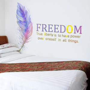 Detail of colorful feather wall sticker with Freedom quote on a bedroom wall decoration