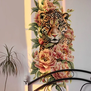 Artistic wall sticker with leopard head and pink flowers for bedroom decor