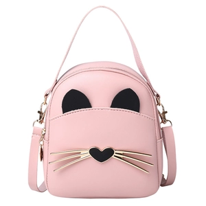 Pink mini cat-shaped backpack with gold metal whiskers and detachable shoulder straps