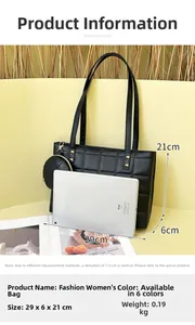 Detailed view of black quilted tote bag with size dimensions and iPad for scale