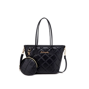 Borsa shopping trapuntata nera con logo dorato e mini portamonete coordinato