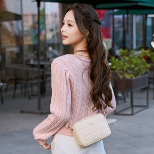 Minimalist beige crossbody bag with V-shaped quilting and golden butterfly emblem