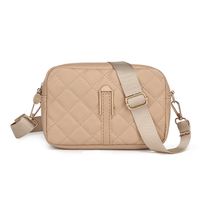 Borsa a tracolla beige trapuntata con spallina larga regolabile e finiture oro