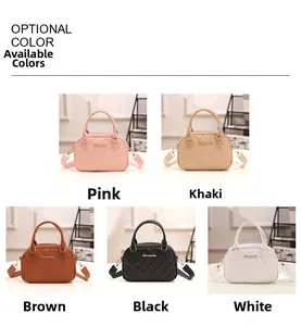 Quilted shell bags in pink, khaki, brown, black, and white with metal logo detail
