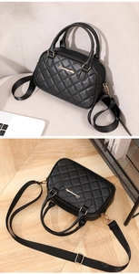 Close-up of black quilted shoulder bag with gold hardware and logo in various home settings