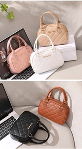 Close-up of quilted shell bags in multiple colors with gold logo and PU leather texture