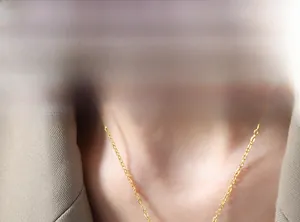 Detail of 18k gold plated stainless steel O-chain necklace on a model's neck