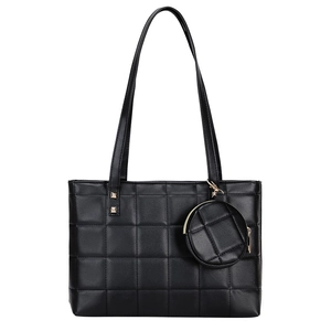 Quilted black tote bag set for women with matching round coin purse and gold hardware