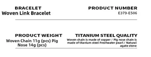 Detailed specs for a mixed copper and steel chain bracelet with pearls and agate stones