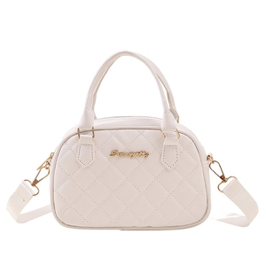 Quilted shell handbag in beige PU leather with Sunnycity gold logo and wide shoulder strap
