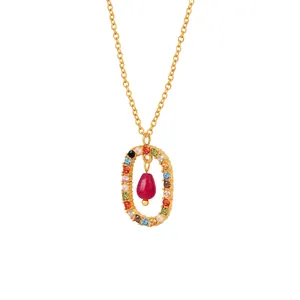 Pendant Necklace Stainless Steel With Colorful Rhinestones And Red Agate For Women 18K Gold Plated Bohemian Style
