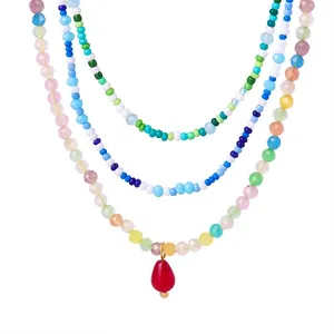 Bohemian Colorful Natural Stone Beaded Necklace Teardrop Agate Pendant Titanium Steel Chain Women Vacation Fashion Jewelry