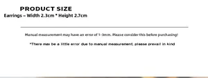 Size chart for gold-plated bag-shaped hoop earrings with 2.3cm width and 2.7cm height