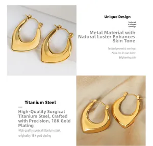 Detail of U-shaped twisted geometric earrings made of 18k gold plated titanium steel
