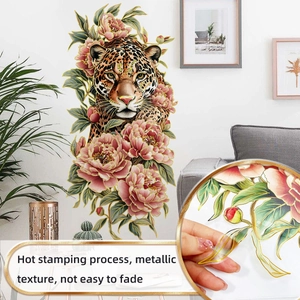 Detail of leopard and peony wall sticker featuring premium gold stamping and metallic texture