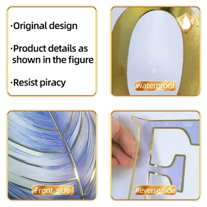 Macro detail of waterproof racing feather wall sticker with gold foil and blue stripes