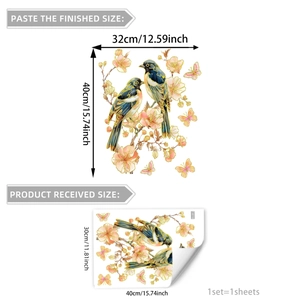 Floral bird wall stickers set with gold stamping for home decor, 32x40cm after application