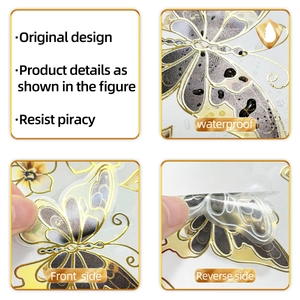 Detailed view of waterproof floral wall stickers with golden foil edges and translucent finish