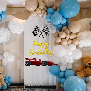 Racing car birthday party decoration set with balloon arch and teddy bears
