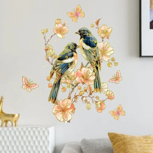 Golden floral wall decal with colorful birds and butterflies for living room decor