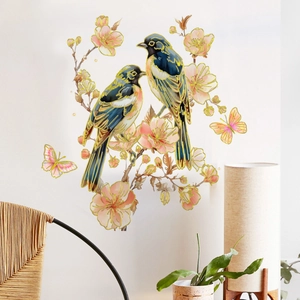 Detail of floral wall stickers with colorful birds and butterflies for home decor