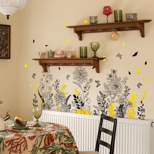 Golden green floral and butterfly wall decals for living room and bedroom decor