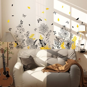 Floral wall decal with yellow sunflowers and butterflies on a living room wall decor
