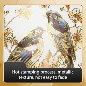 Detail of gold foil wall sticker featuring watercolor birds and plum blossoms decoration