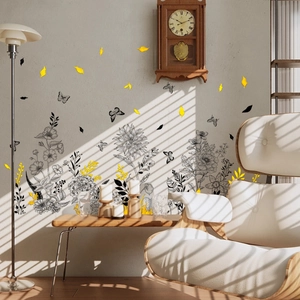 Floral wall stickers with butterflies and golden petals for modern living room home decor