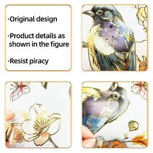 Detail of floral and bird wall stickers with premium gold foil stamping on PET material