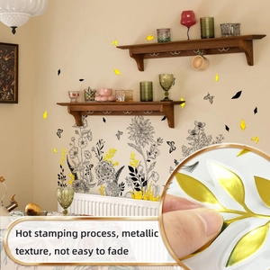 Detail of floral wall stickers with hot stamping process and gold metallic texture