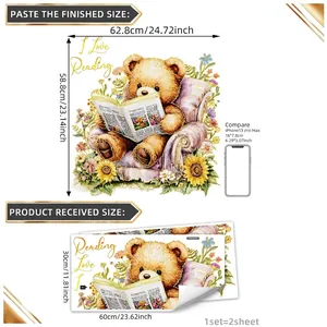 Cartoon beer muursticker met zonnebloemen en I Love Reading tekst voor de kinderkamer