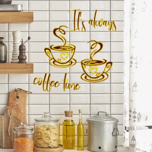 3D golden acrylic coffee wall decals featuring cups and It's always coffee time text