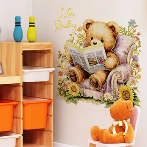 Cartoon Beer Leest Boek Muursticker Met Goudstempel Hoogtemeter Verwijderbare PVC Sticker Voor Kinderkamer Babykamer Huisdecoratie